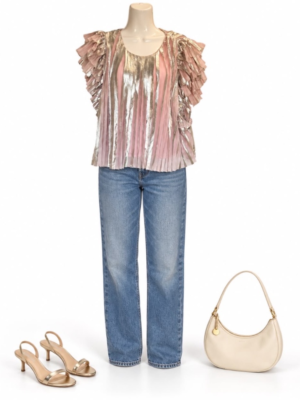Anthropologie Pink Silver Foil Pleated Flutter Sleeve Top NWT Small